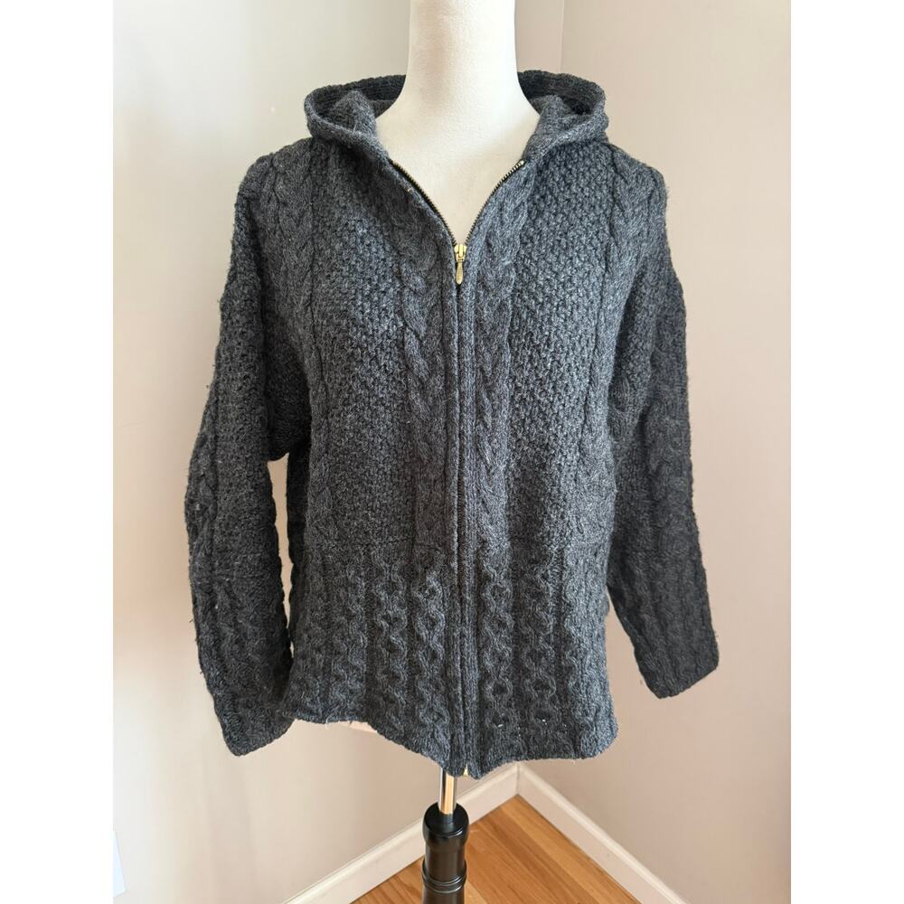 Kerry Woolen Mills Irish Wool Cable Knit Zip Hoodie – Gray – Size Large